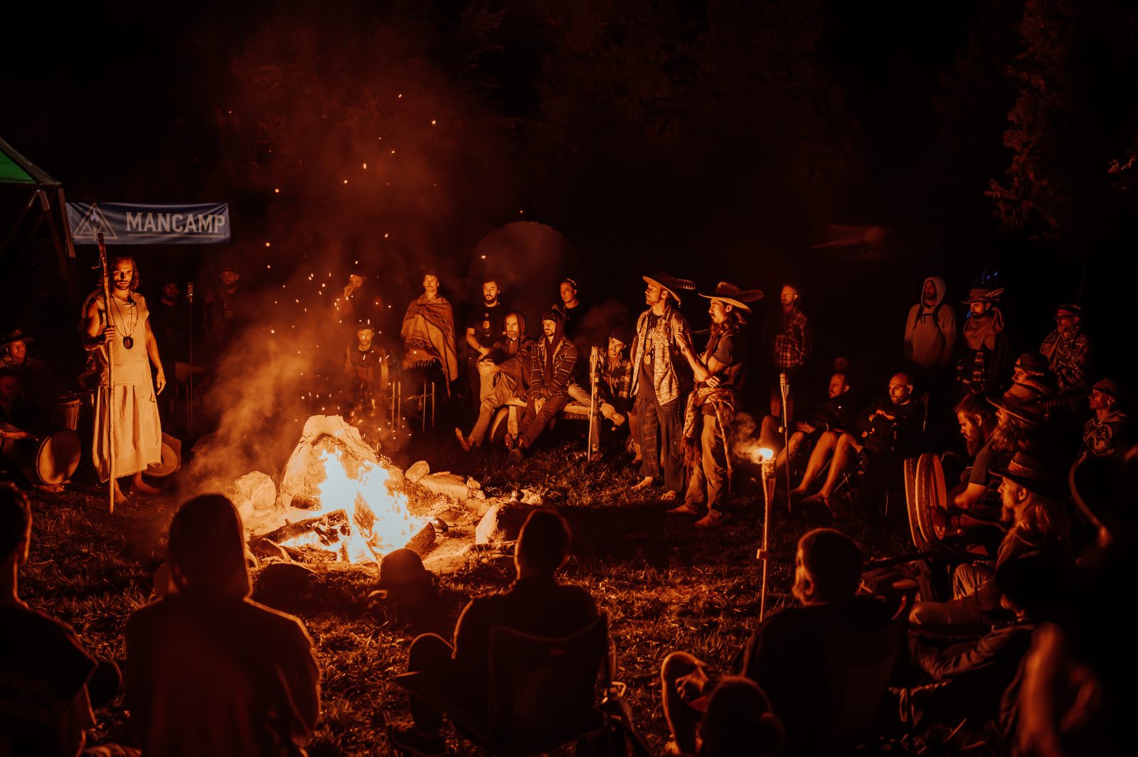 Evening fire circle at ManCamp