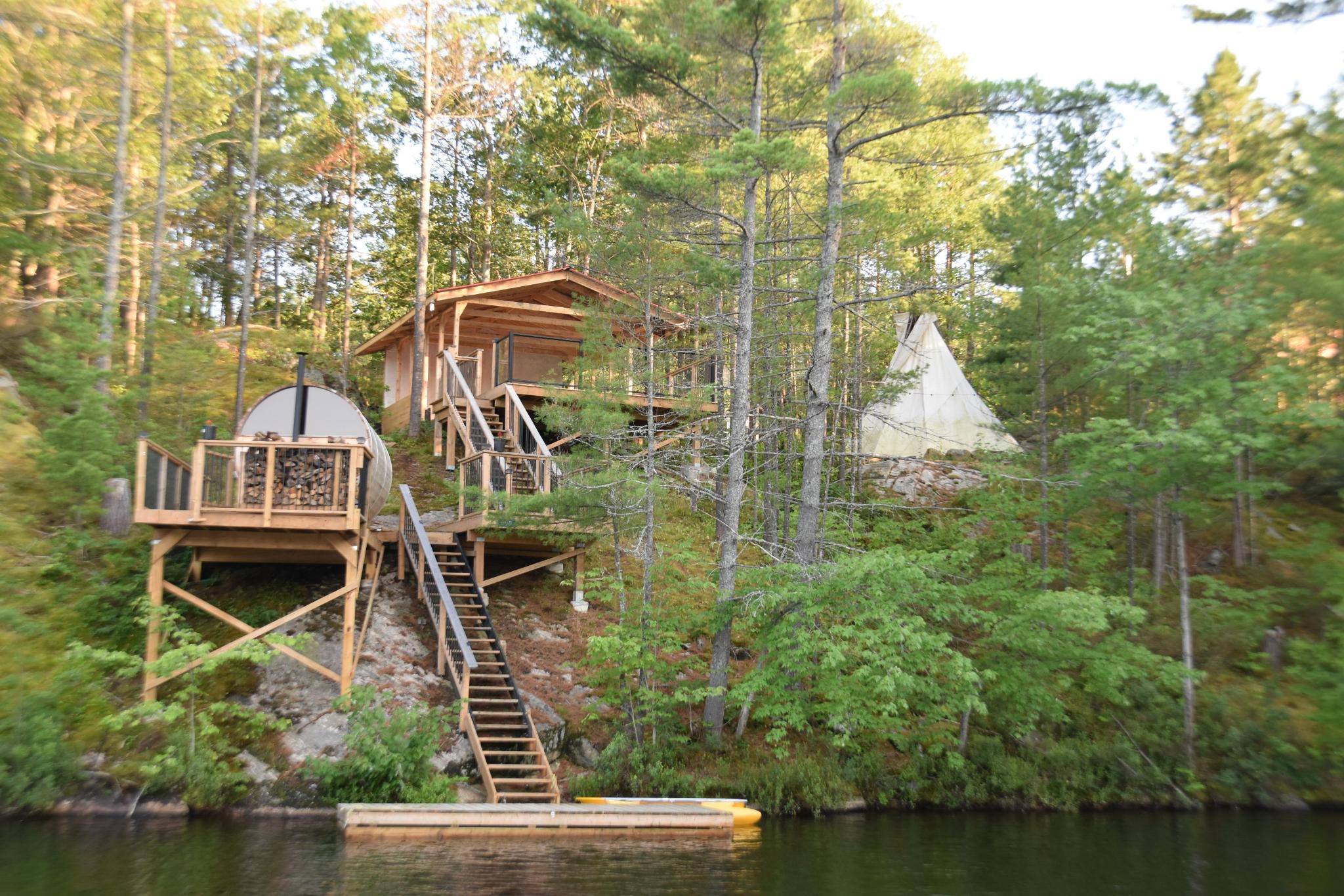 Rawaland ceremony grounds, tipi, sauna, and lakeside dock